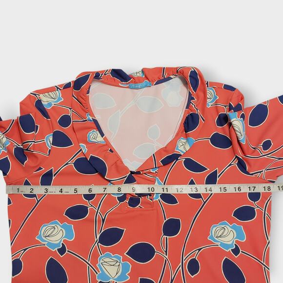 J. Mclaughlin Durham Ruffle Top Catalina Cloth Coral Pink Blue Floral Sz Medium - Picture 8 of 11